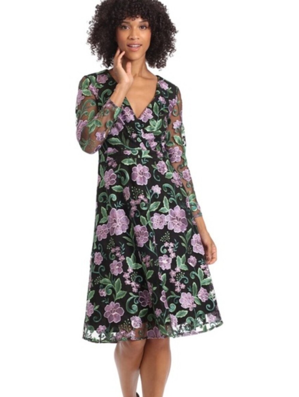 Maggy London Black and Purple Floral Long Sleeve Dress
